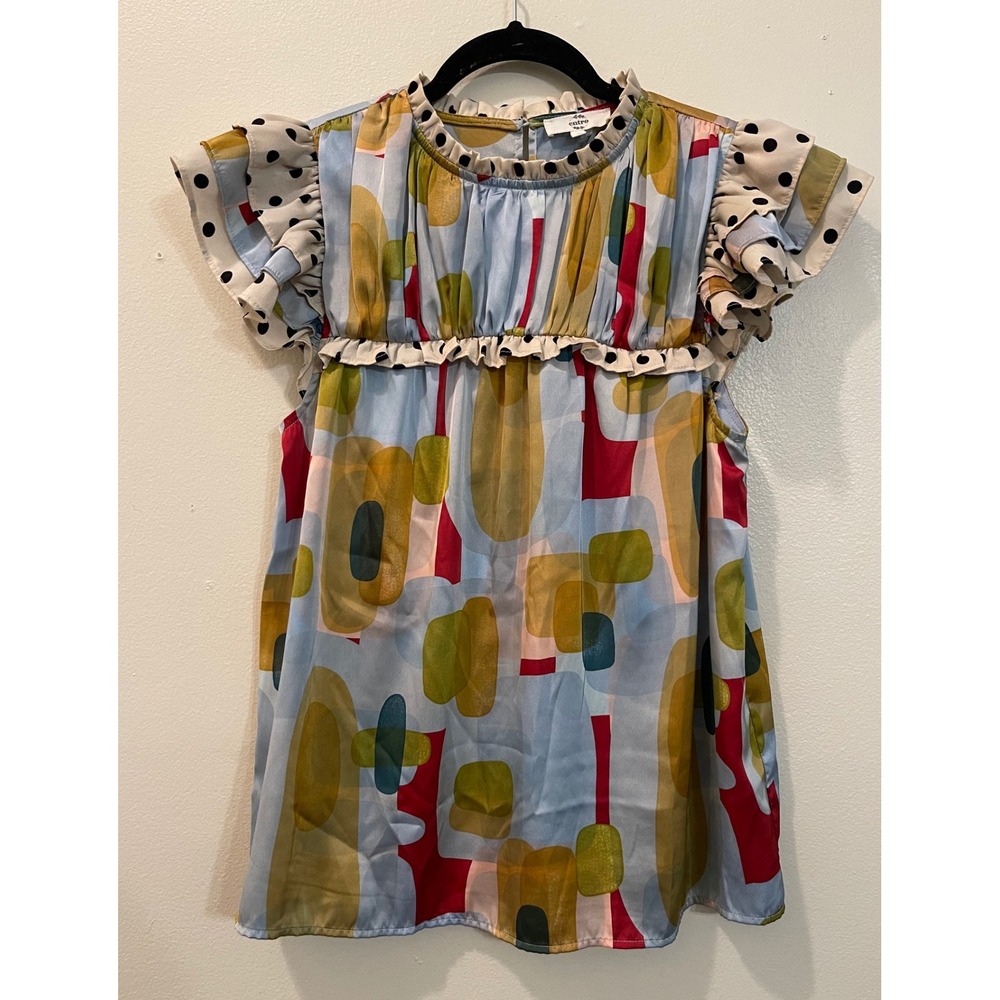 Entro Women's Small Abstract Print Ruffle Sleeve Top Blouse Multicolor